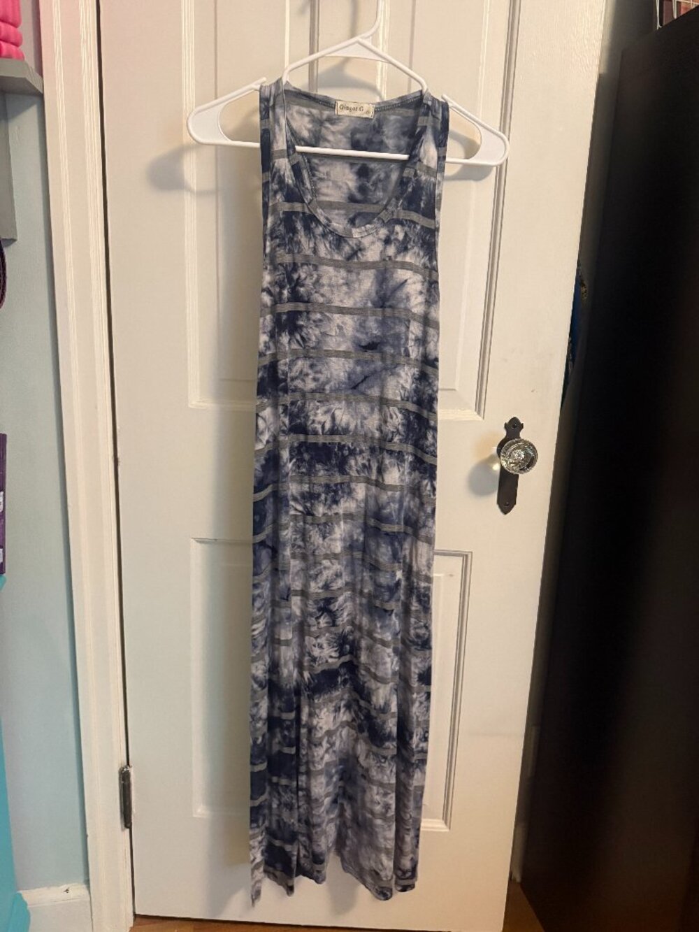 Ginger G Women’s Small Blue White Tie Dye Maxi Dress Gray Stripe Sleeveless